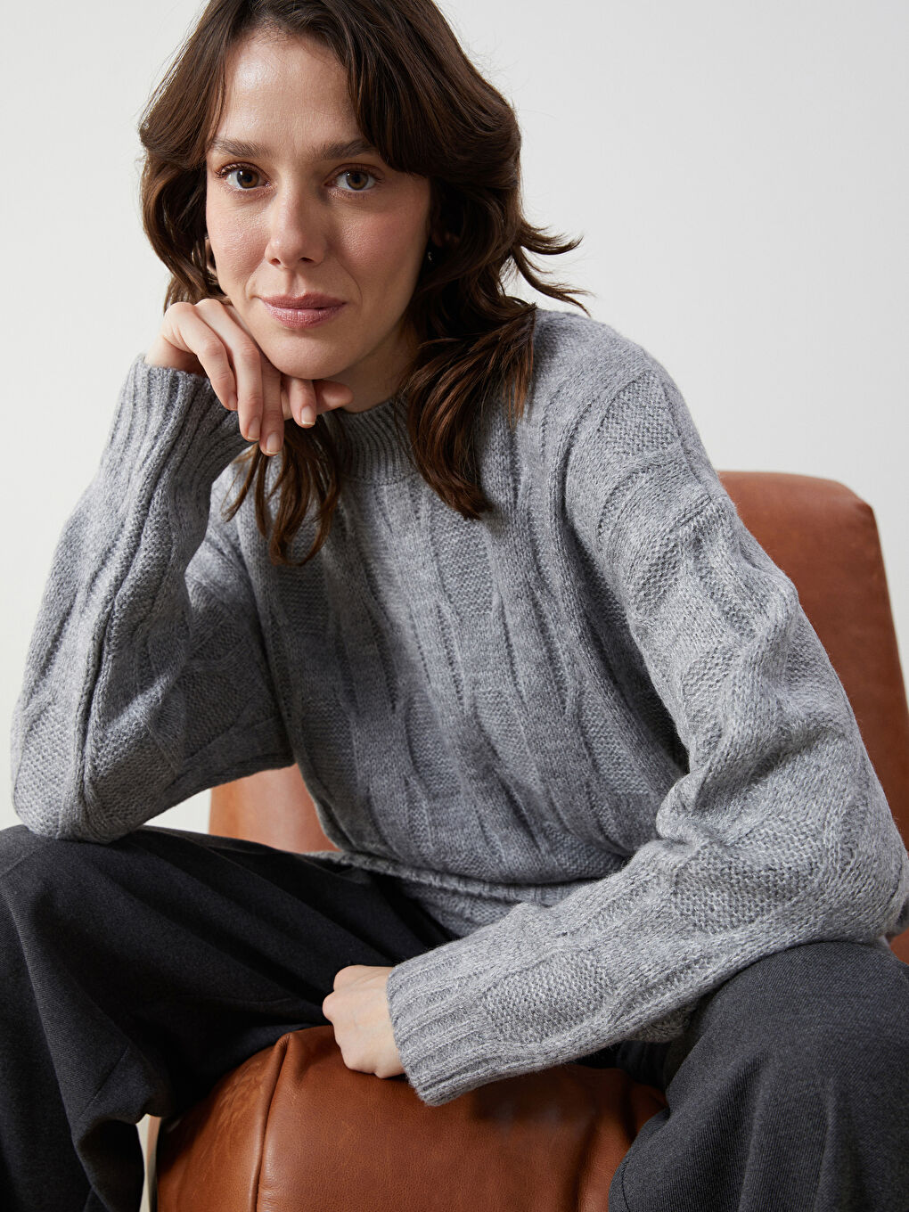 Half Turtleneck Self-Patterned Oversize Women's Knitwear Tunic -W4FC31Z8-L8N