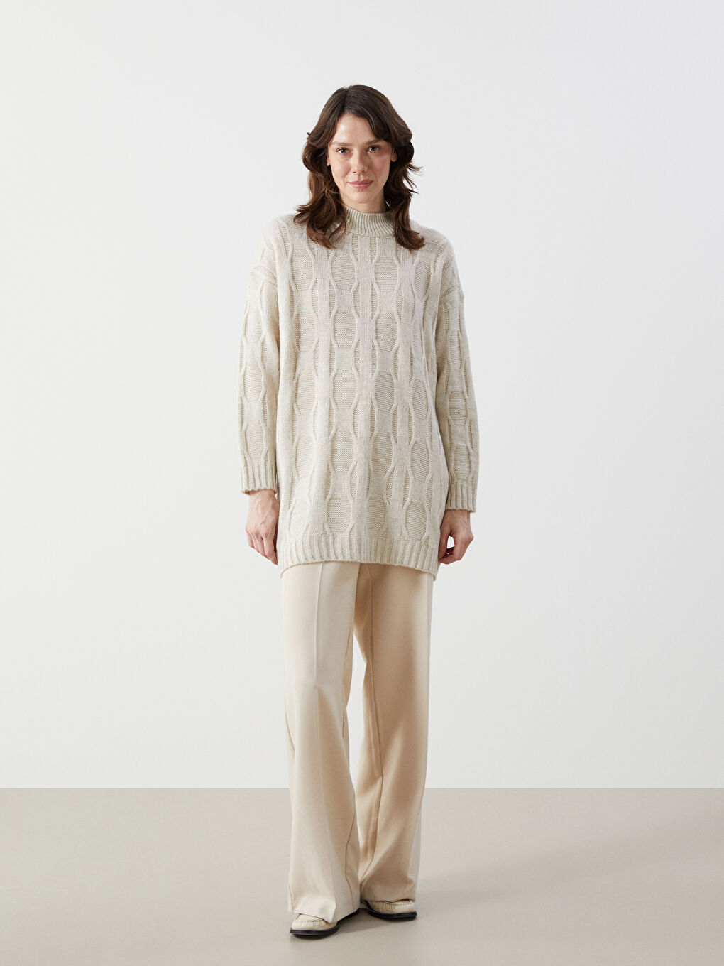 Half Turtleneck Self-Patterned Oversize Women's Knitwear Tunic-1