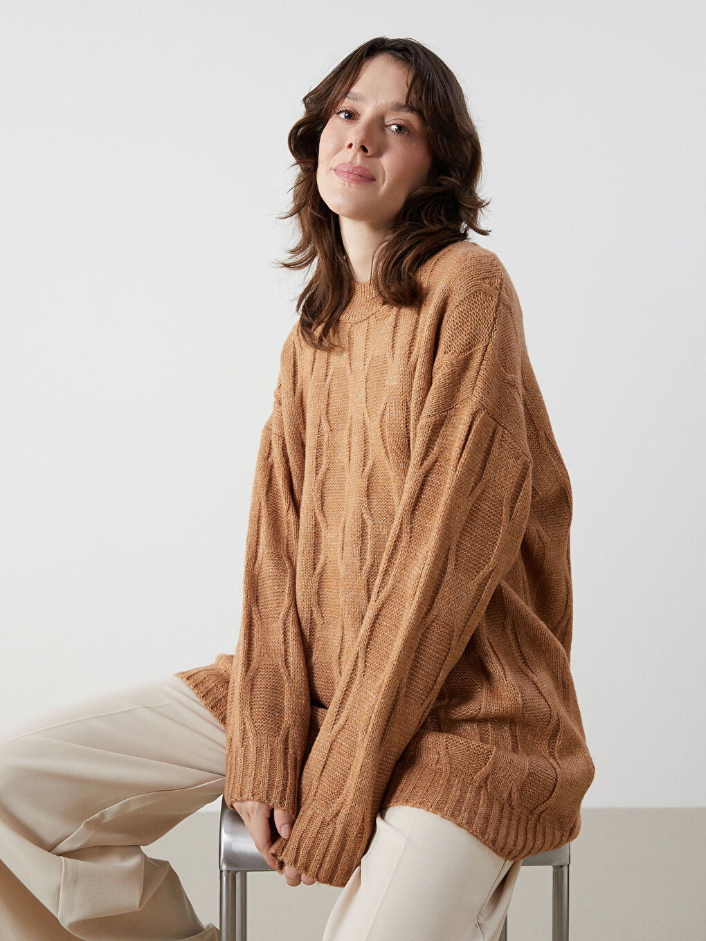 Half Turtleneck Self-Patterned Oversize Women's Knitwear Tunic -W4FC31Z8-VCB
