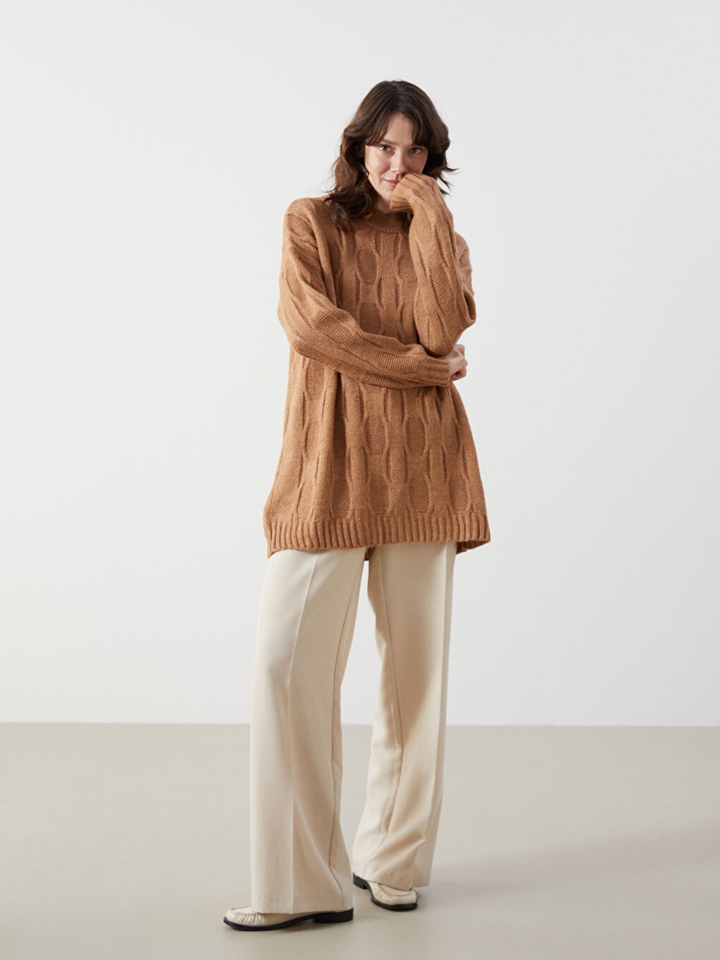 Half Turtleneck Self-Patterned Oversize Women's Knitwear Tunic -W4FC31Z8-VCB