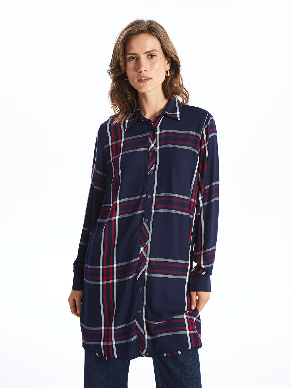 Plaid Long Sleeve Women's Shirt Tunic -W4FE21Z8-LN6