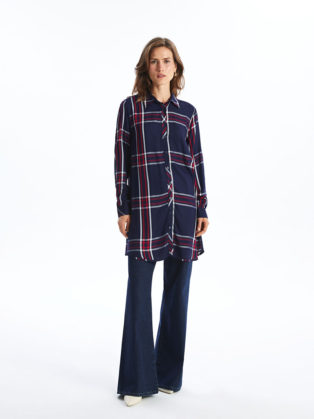 Plaid Long Sleeve Women's Shirt Tunic -W4FE21Z8-LN6