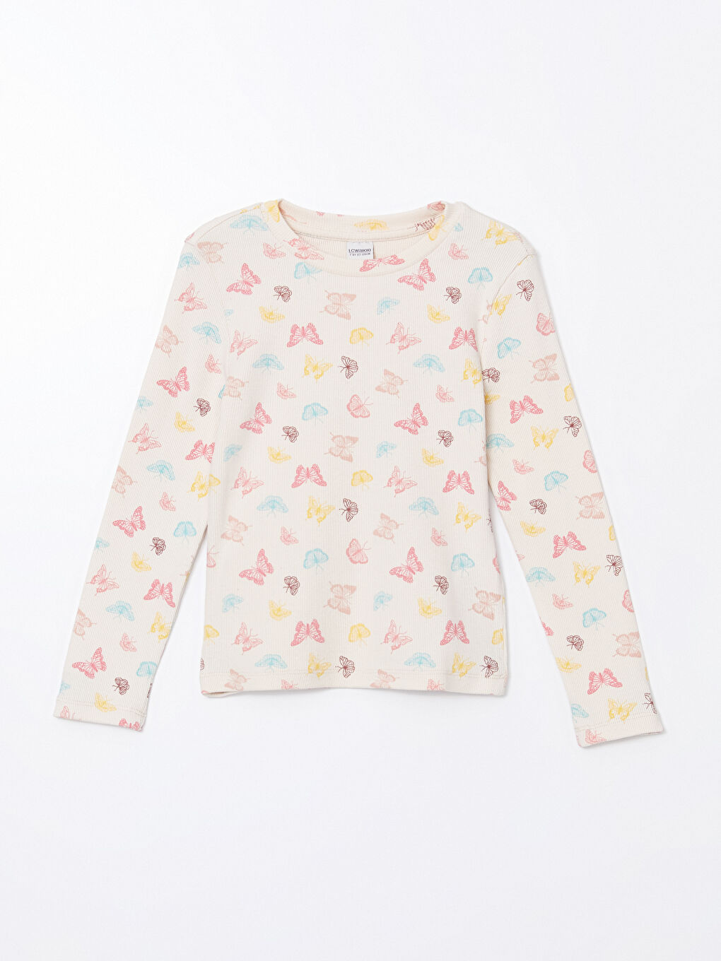 Ekru Kız Çocuk Kelebek Baskılı Uzun Kollu Tişört