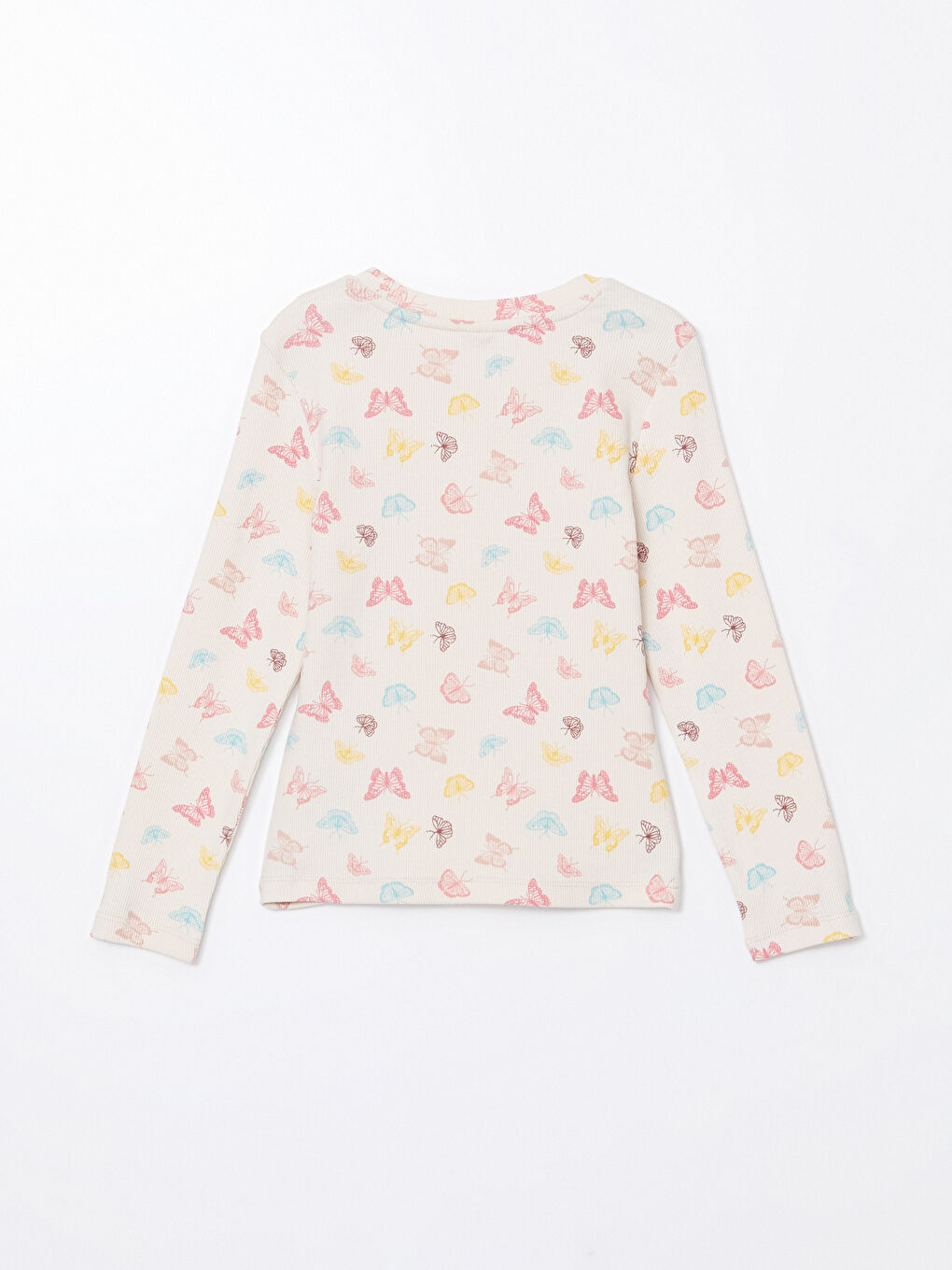 Ekru Kız Çocuk Kelebek Baskılı Uzun Kollu Tişört-1