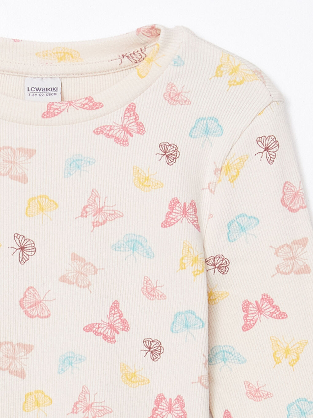 Ekru Kız Çocuk Kelebek Baskılı Uzun Kollu Tişört-2