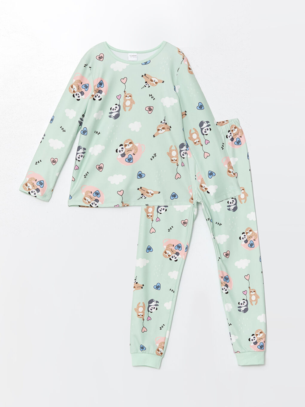 LCW Kids Su Yeşili Baskılı Bisiklet Yaka Polar Kız Çocuk Pijama Takımı