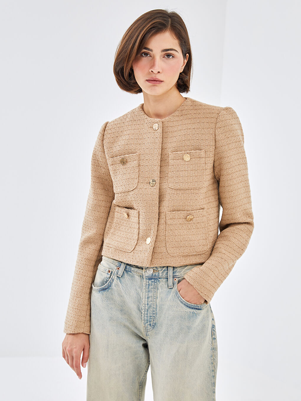 LCW Vision Crew Neck Textured Women's Tweed Jacket -W4FF83Z8-YDS