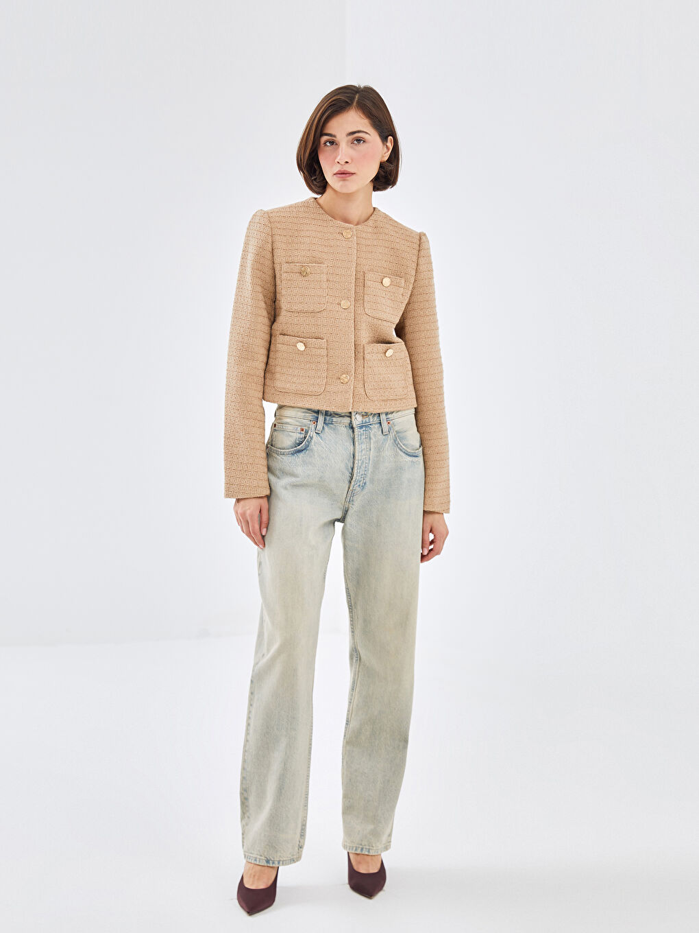 LCW Vision Crew Neck Textured Women's Tweed Jacket -W4FF83Z8-YDS