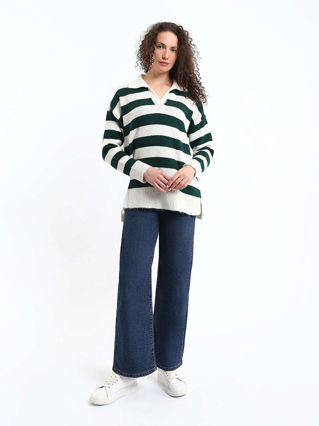 Polo Neck Color Block Oversize Women's Knitwear Sweater-1