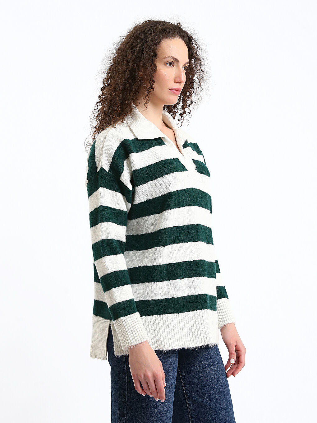 Polo Neck Color Block Oversize Women's Knitwear Sweater-3