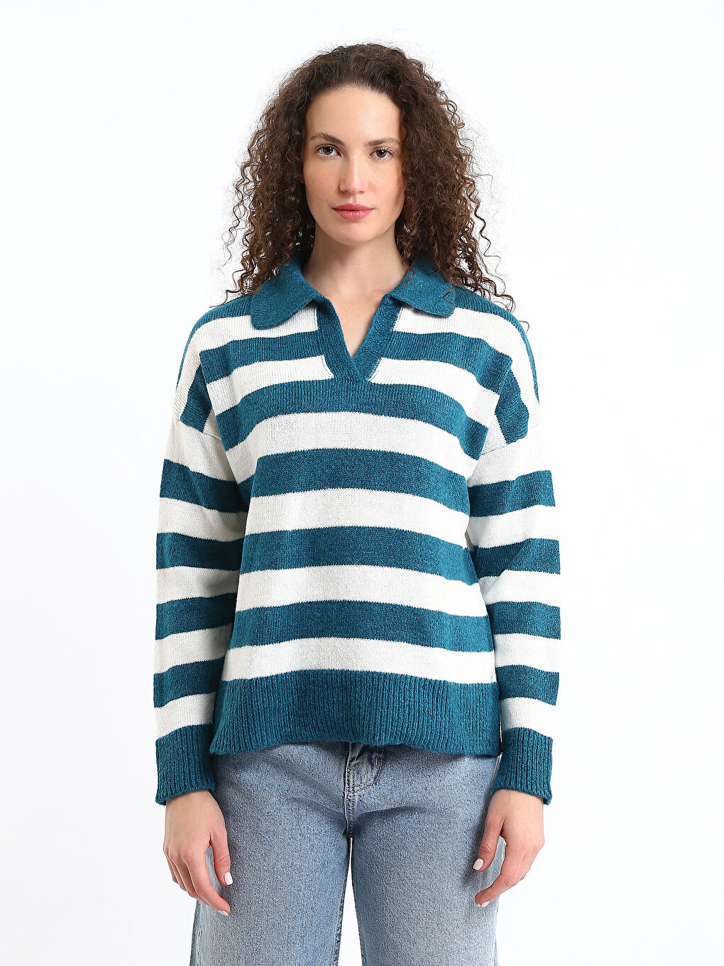 Polo Neck Color Block Oversize Women's Knitwear Sweater