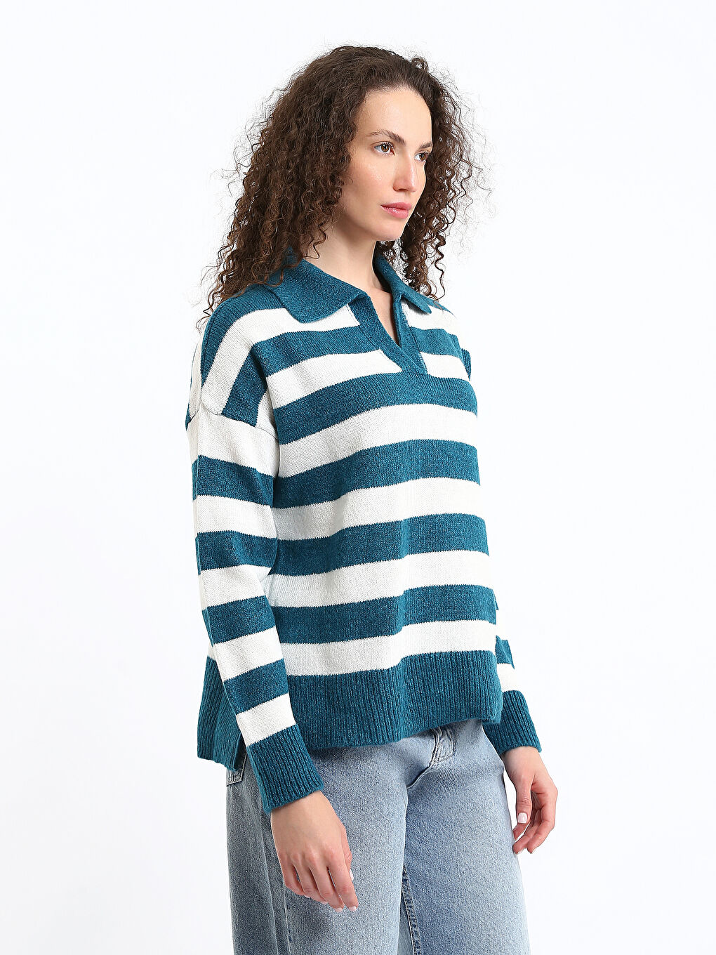 Polo Neck Color Block Oversize Women's Knitwear Sweater-3