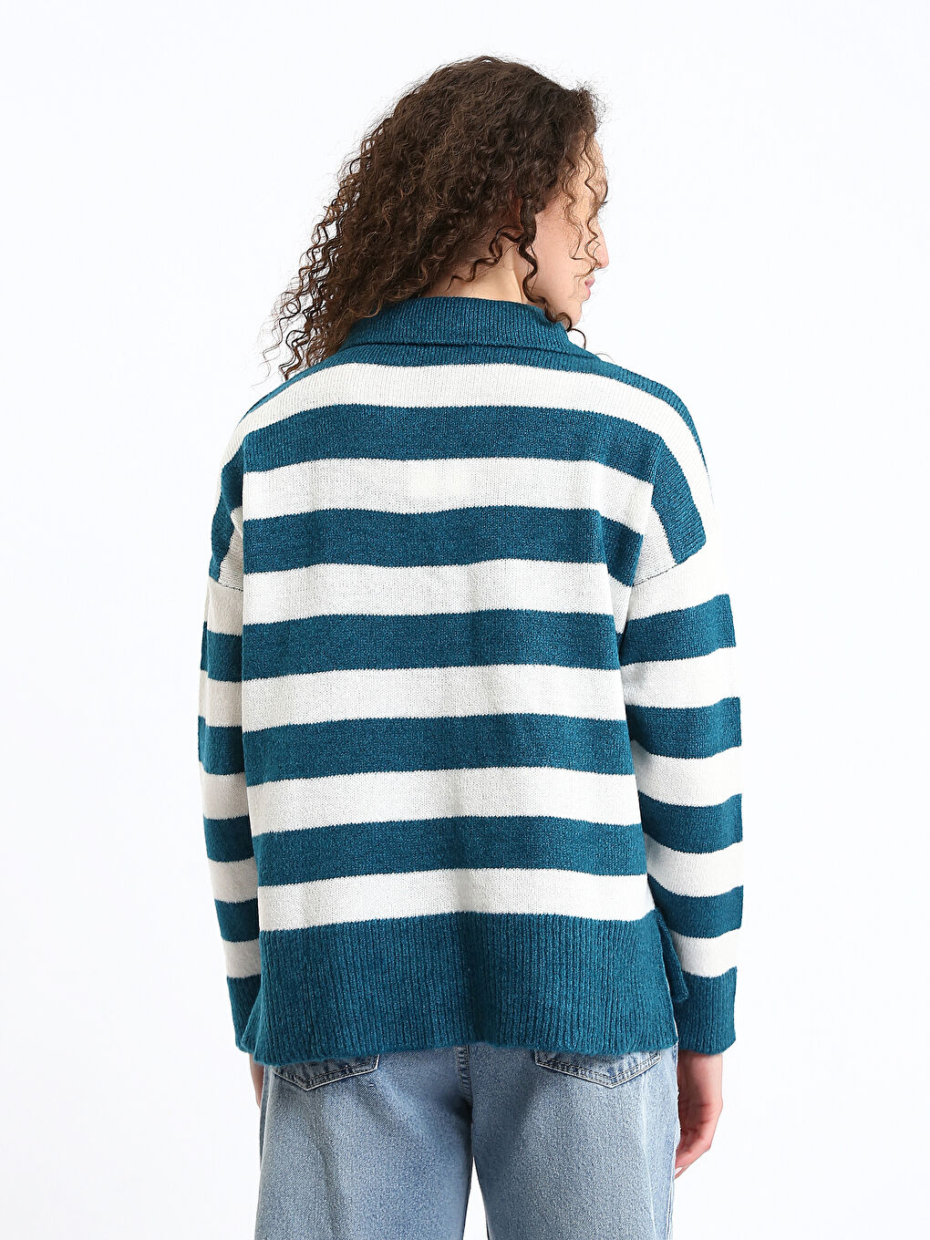 Polo Neck Color Block Oversize Women's Knitwear Sweater-4