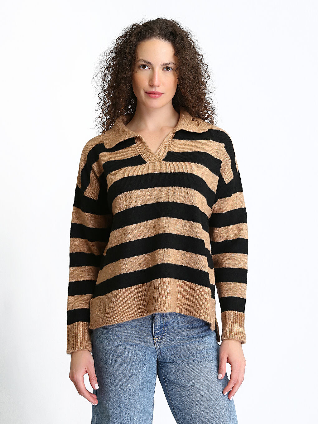 Polo Neck Color Block Oversize Women's Knitwear Sweater