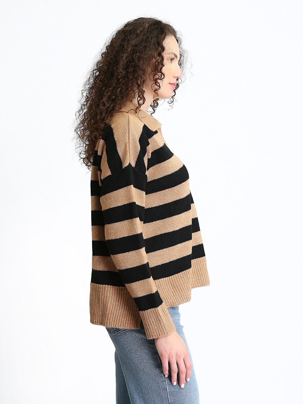 Polo Neck Color Block Oversize Women's Knitwear Sweater-3