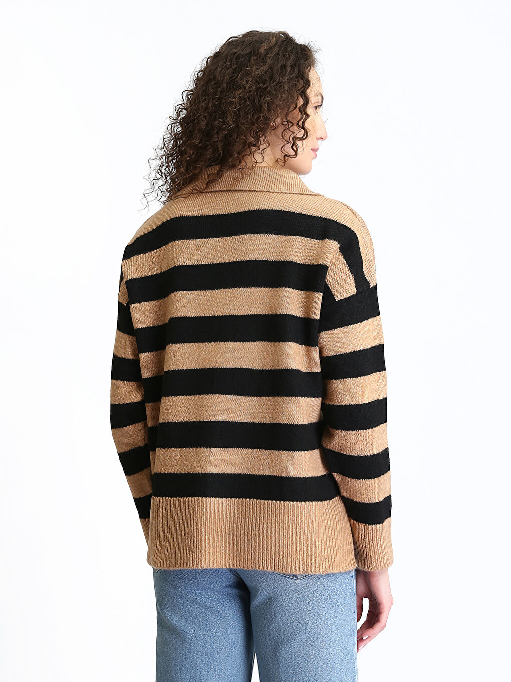 Polo Neck Color Block Oversize Women's Knitwear Sweater-4
