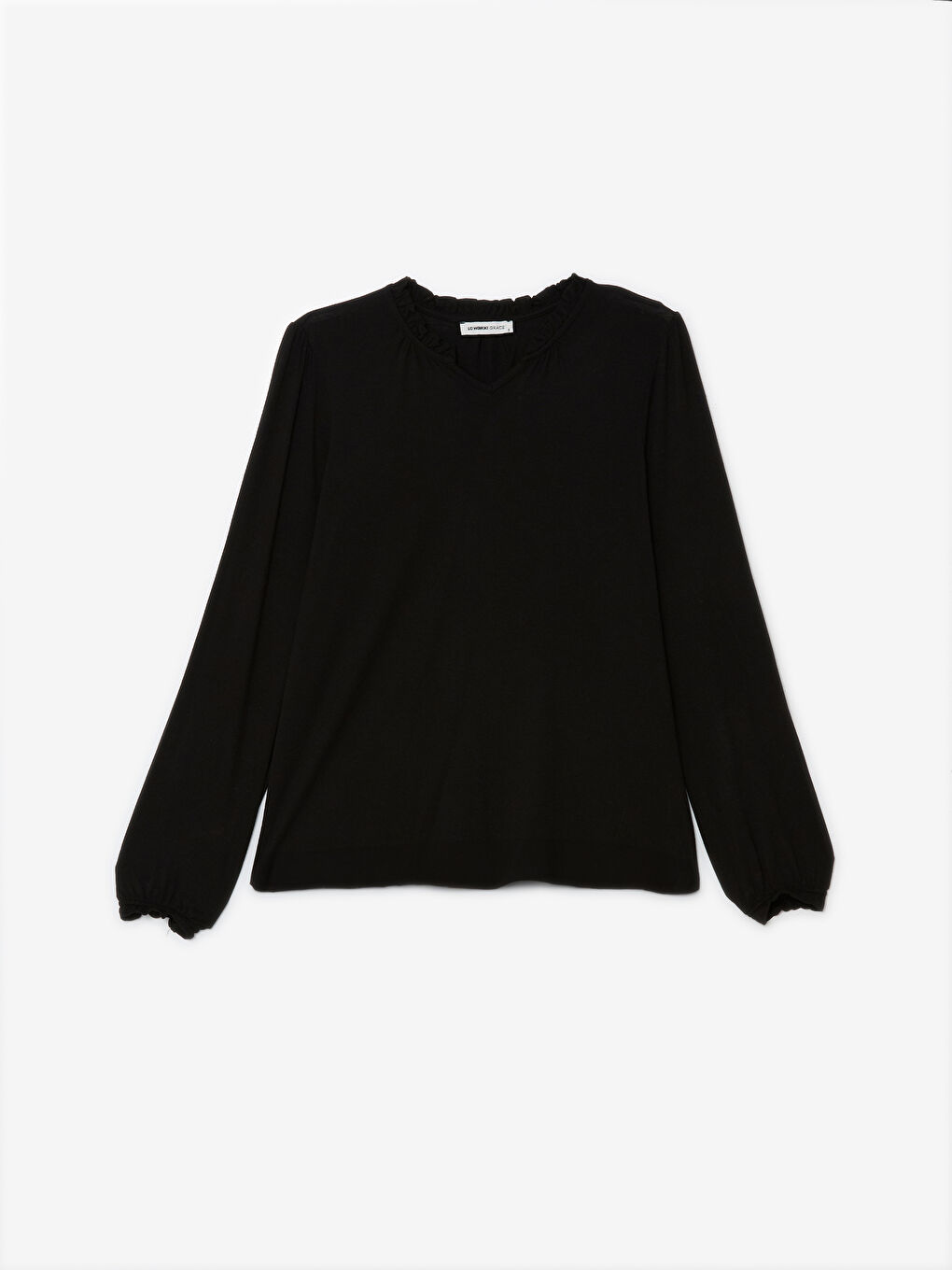 Siyah Kaçık Yaka Düz Uzun Kollu Kadın Bluz-4