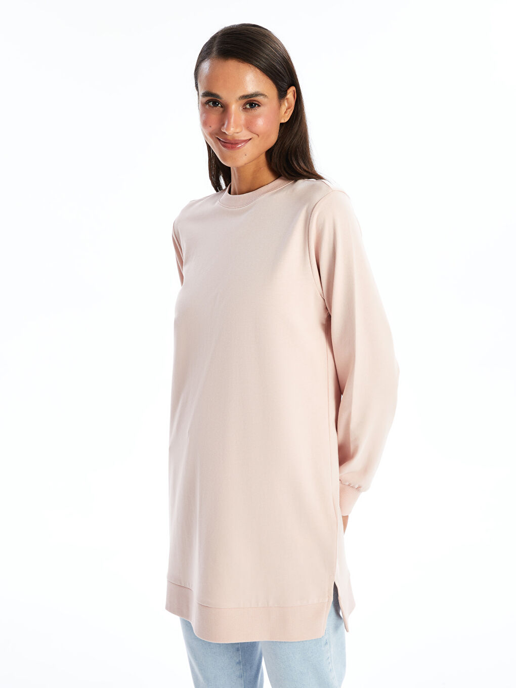 LCW Modest Mat Pembe Kadın Bisiklet Yaka Düz Sweatshirt Tunik