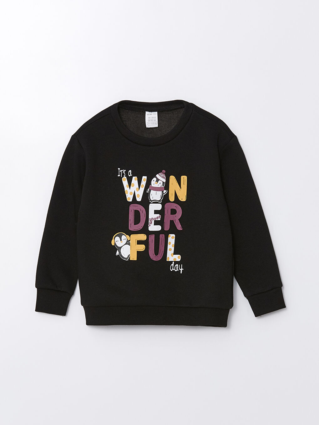 LCW ECO Yeni Siyah Bisiklet Yaka Kalın Baskılı Kız Bebek Sweatshirt