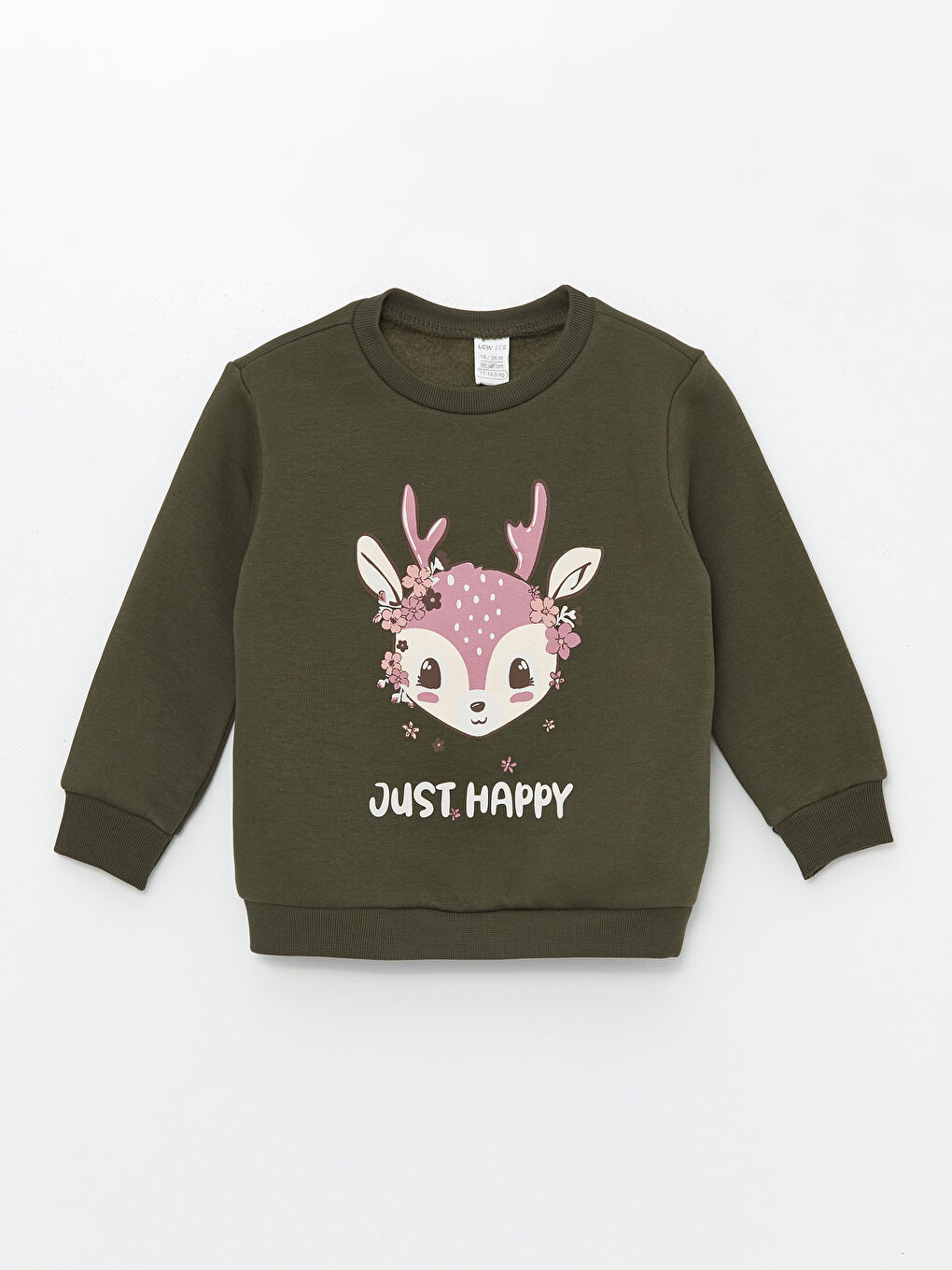 LCW ECO Mat Haki Bisiklet Yaka Uzun Kollu Baskılı Kız Bebek Sweatshirt