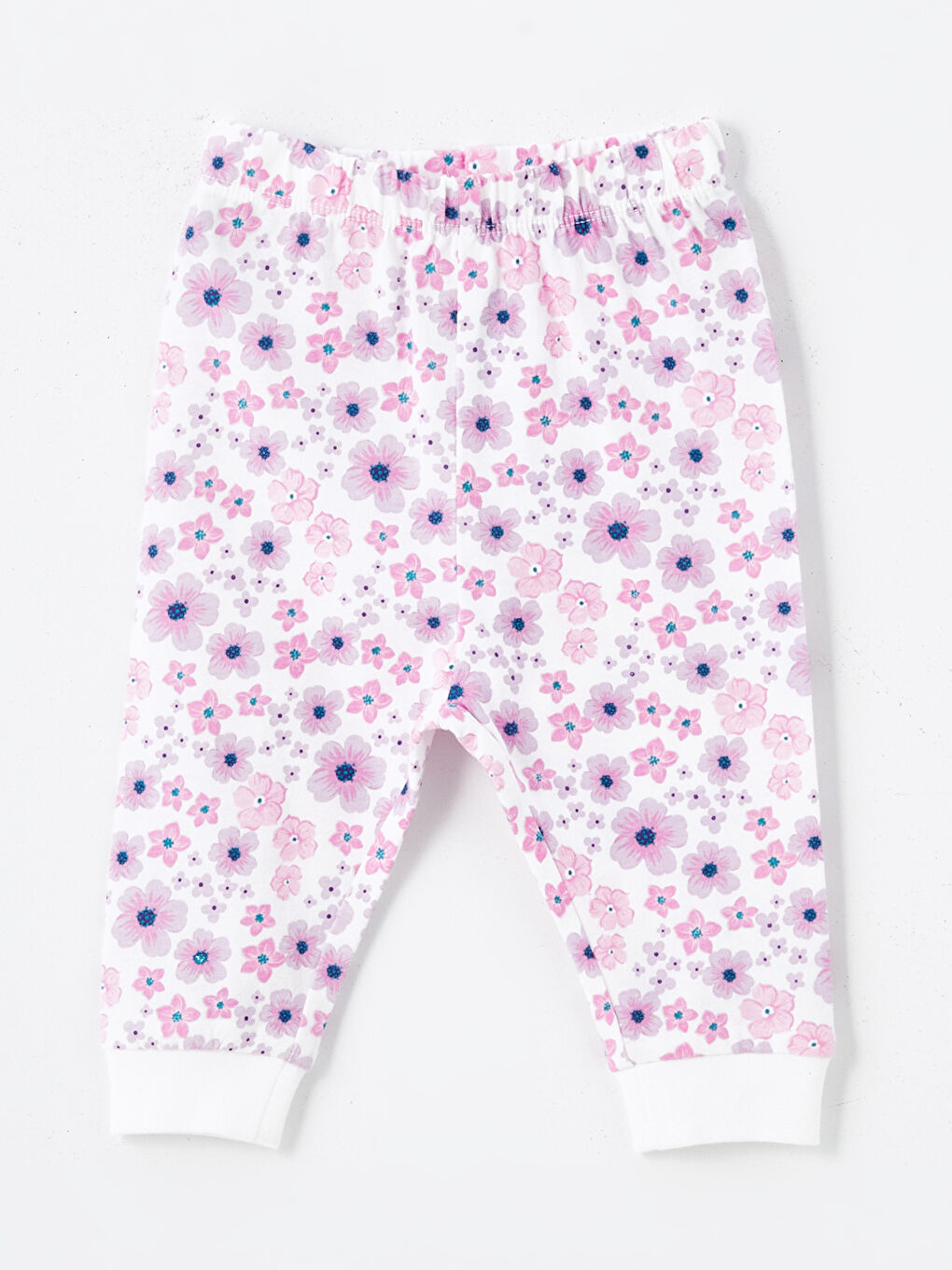 Ekru Beli Lastikli Çiçekli Kız Bebek Pijama Alt