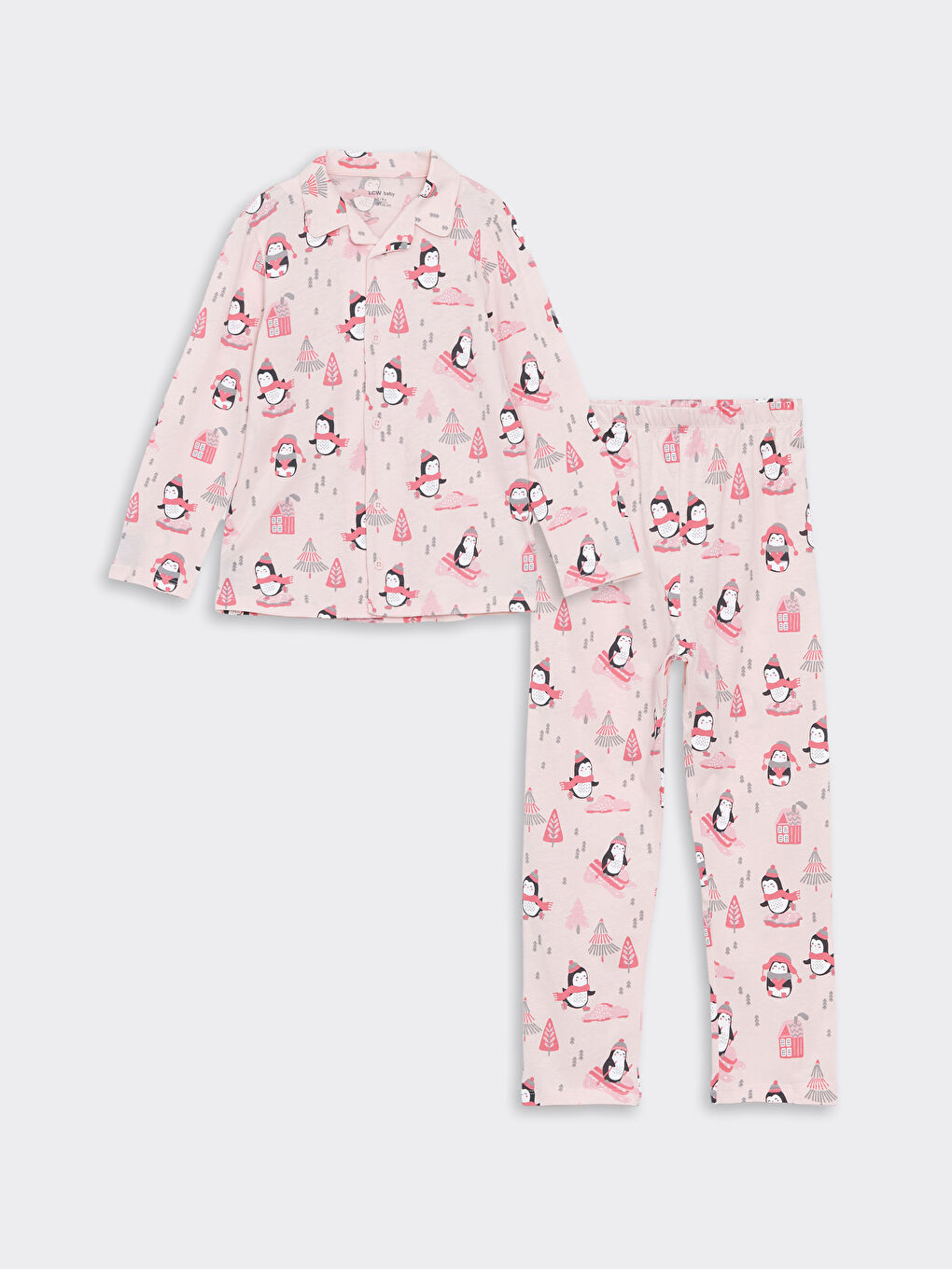 LCW baby Pembe Polo Yaka Baskılı Kız Bebek Pijama Takımı