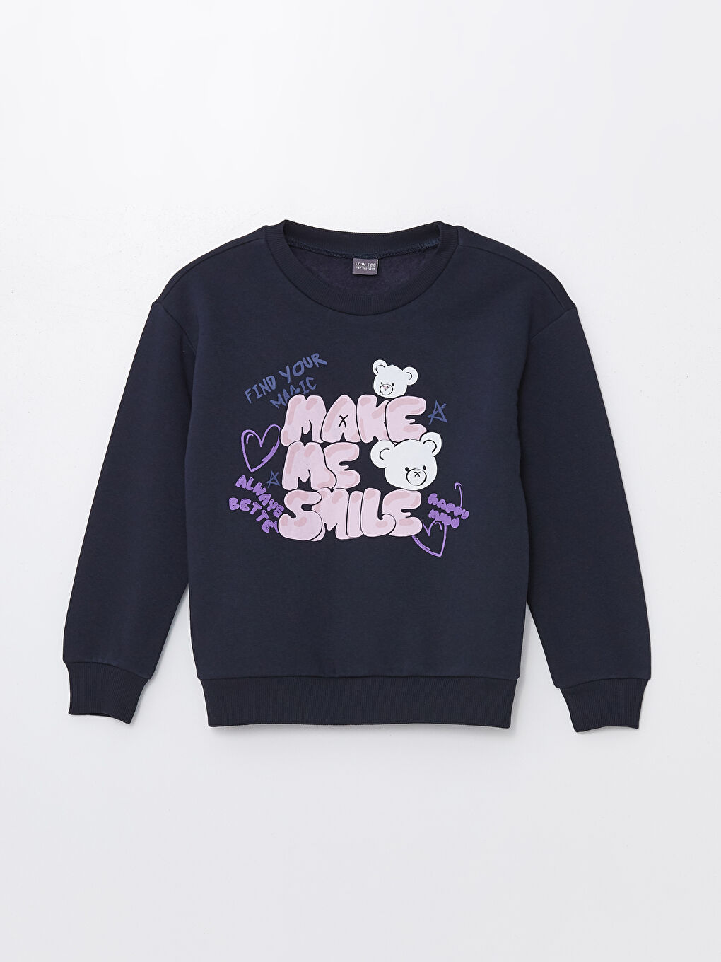 LCW ECO Lacivert Bisiklet Yaka Kız Çocuk Kalın Sweatshirt