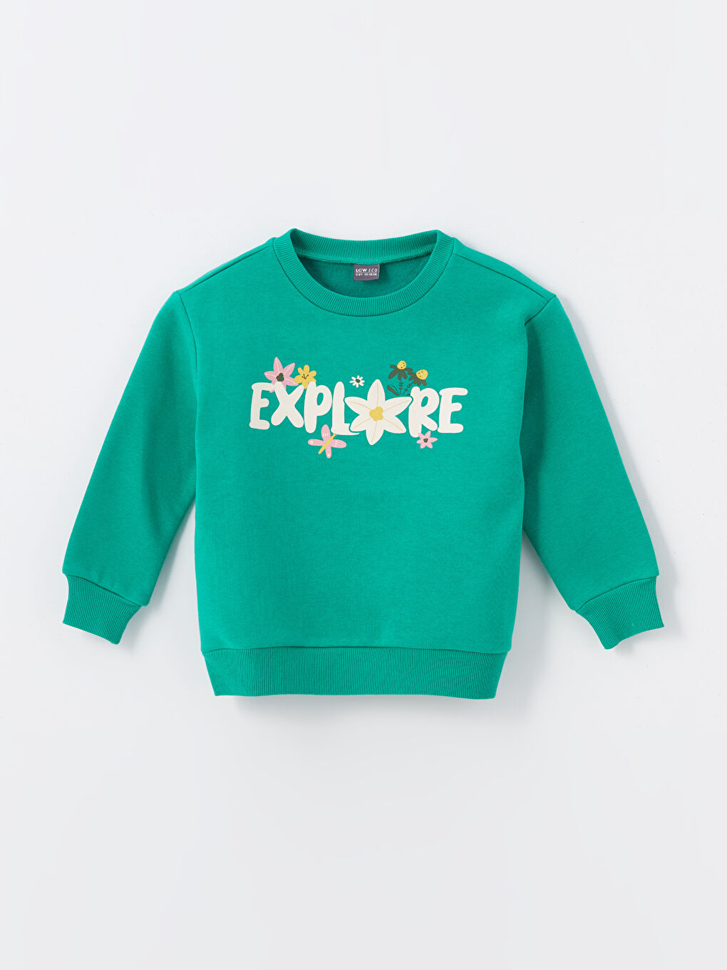 LCW ECO Zümrüt Yeşili Bisiklet Yaka Baskılı Uzun Kollu Kız Çocuk Sweatshirt