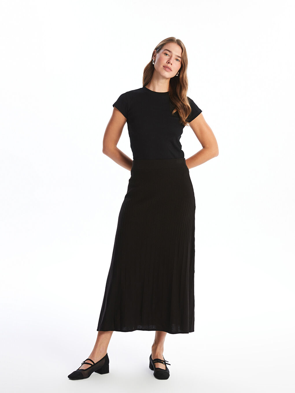 Siyah Beli Lastikli Kadın Triko Etek-1