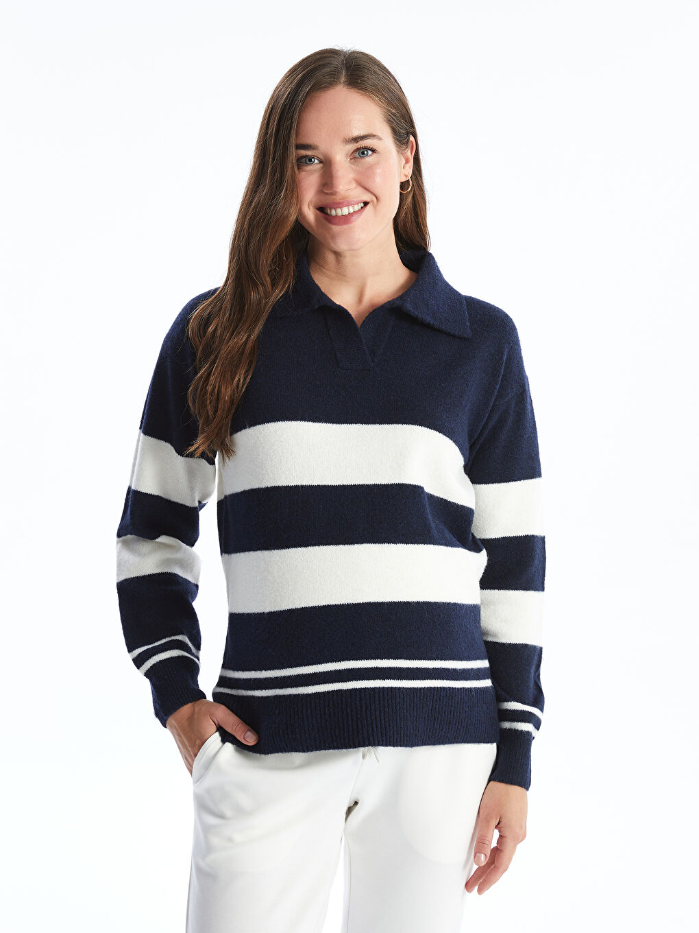 LCWAIKIKI Maternity Polo Neck Long Sleeve Women's Tricot Sweater with Color Block -W4FL64Z8-LGS