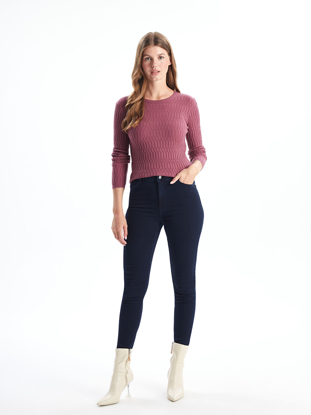 LCWAIKIKI Classic Crew Neck Self-Patterned Women's Knitwear Sweater -W4FM51Z8-H8E