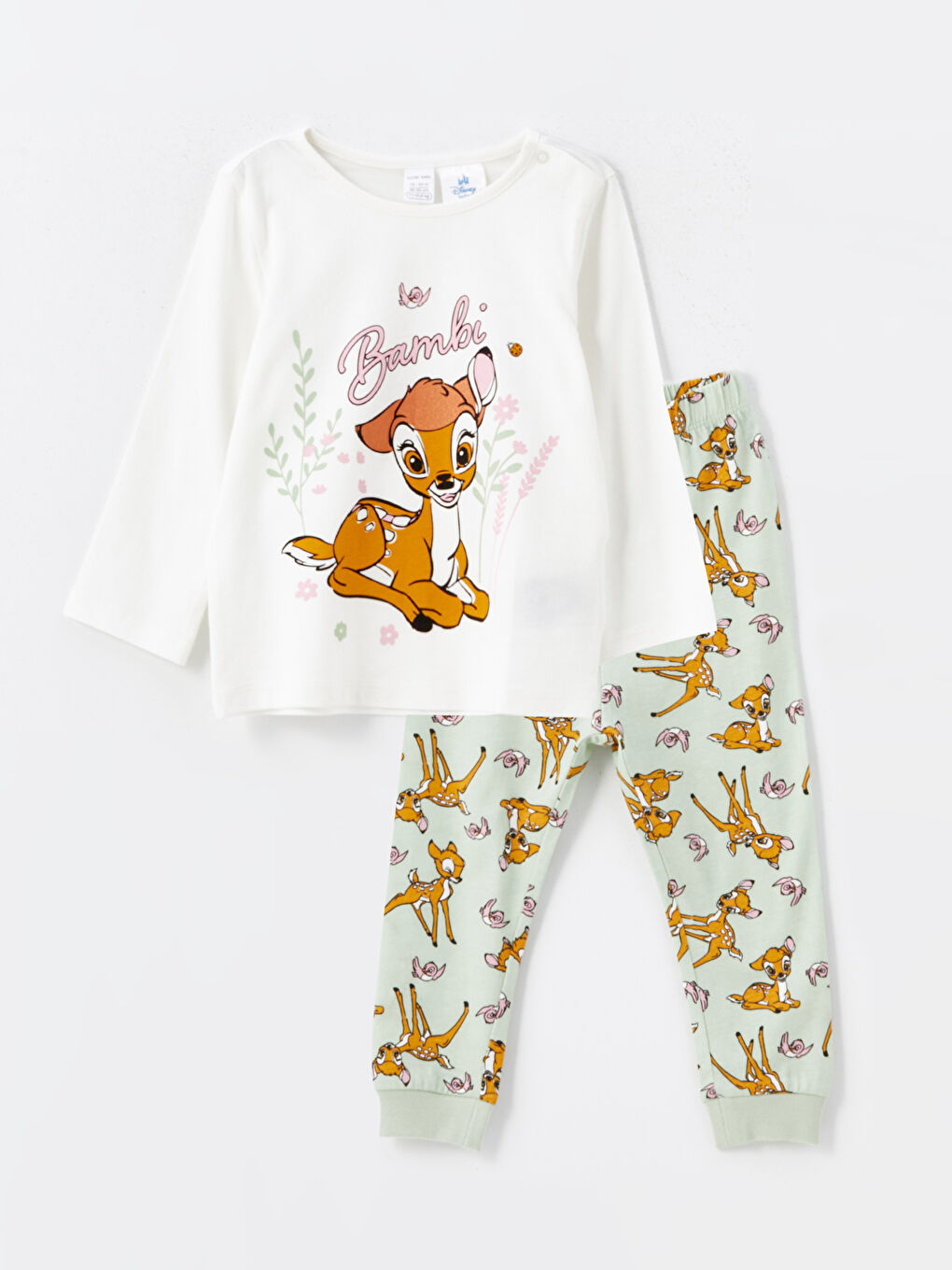 LCW baby Açık Bej Bisiklet Yaka Uzun Kollu Bambi Baskılı Kız Bebek Pijama Takım