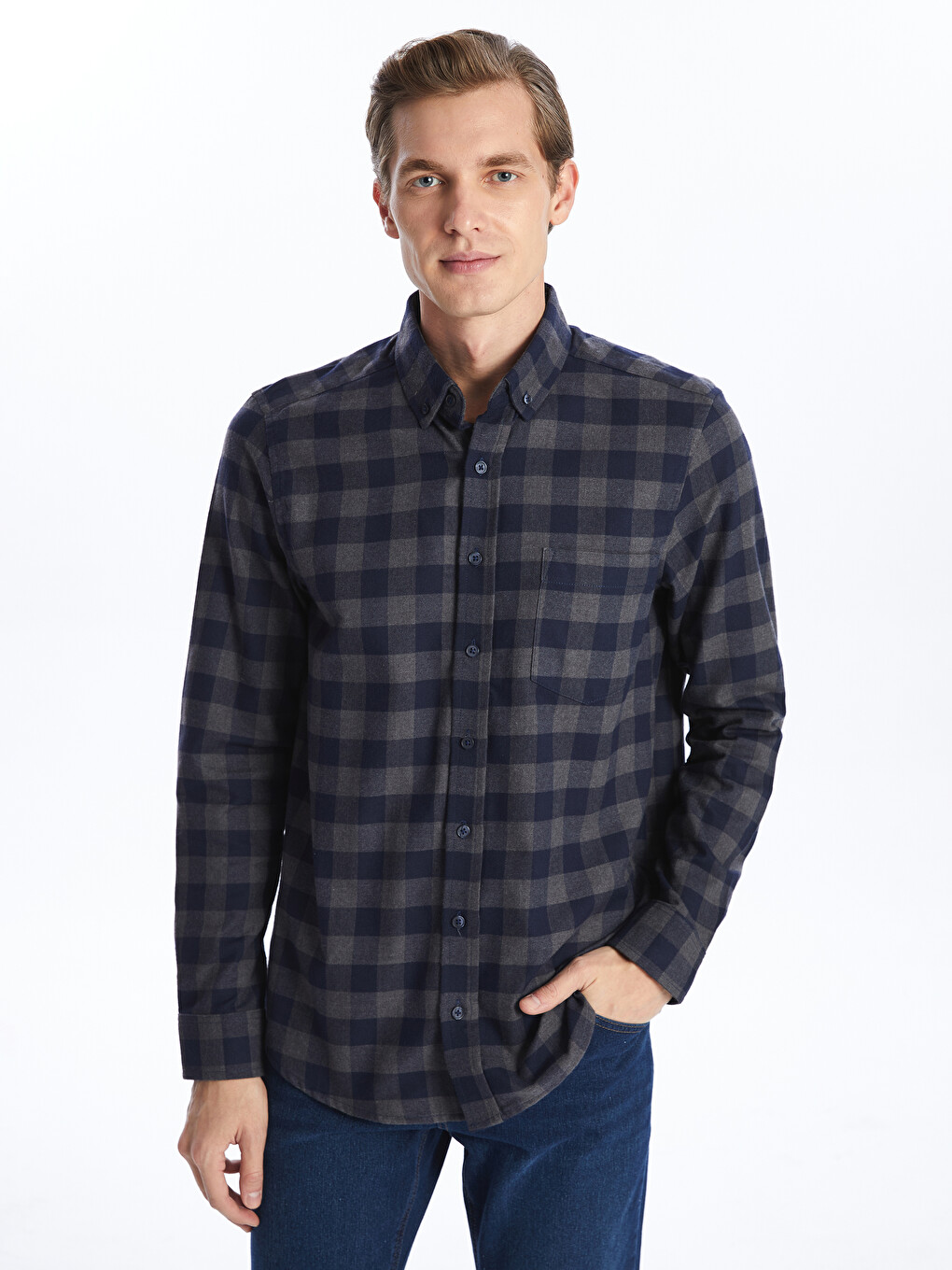 Regular Fit Long Sleeve Plaid Men's Shirt