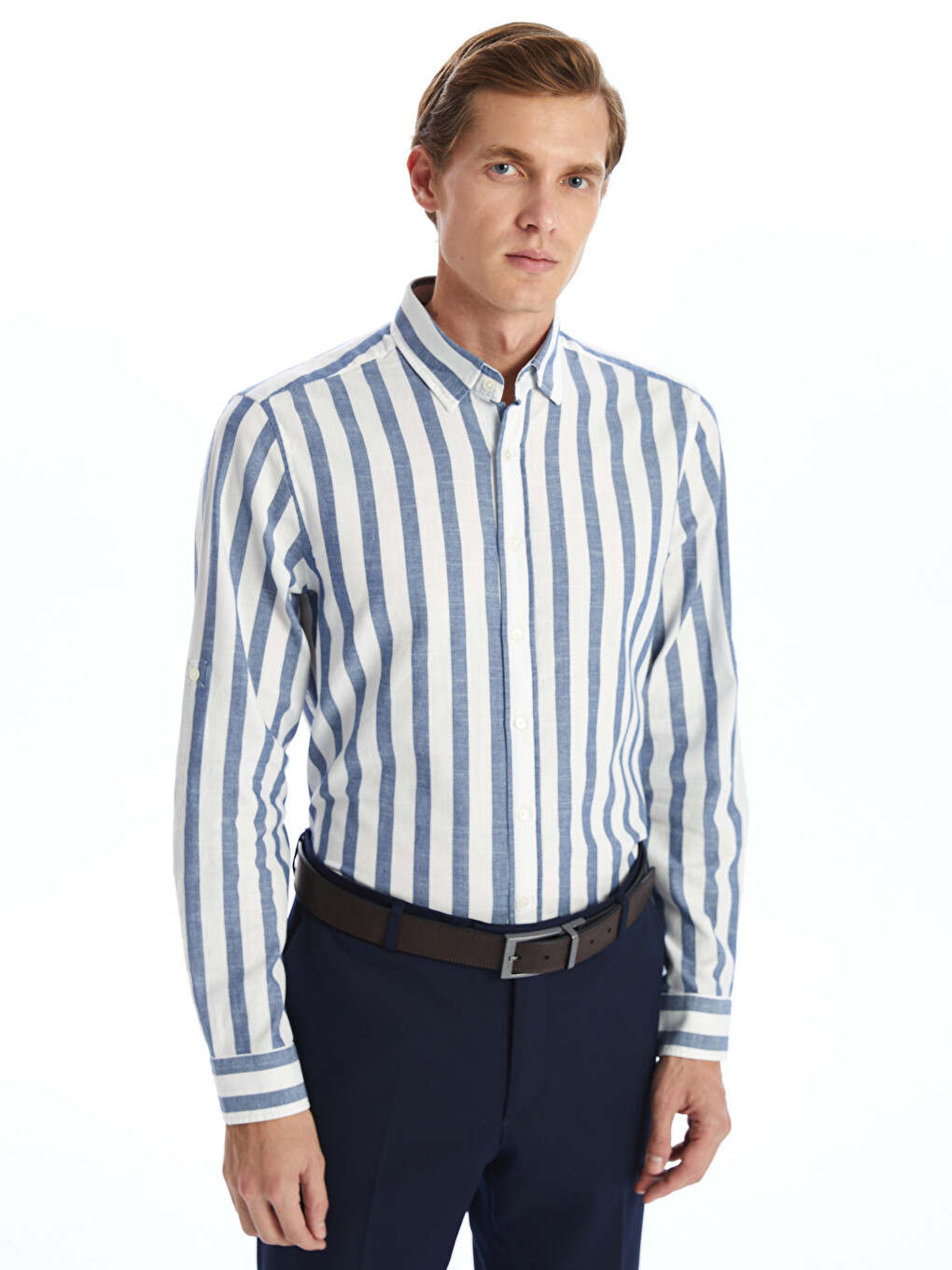 Chemise Rayée À Manches Longues Pour Hommes Coupe Régulière