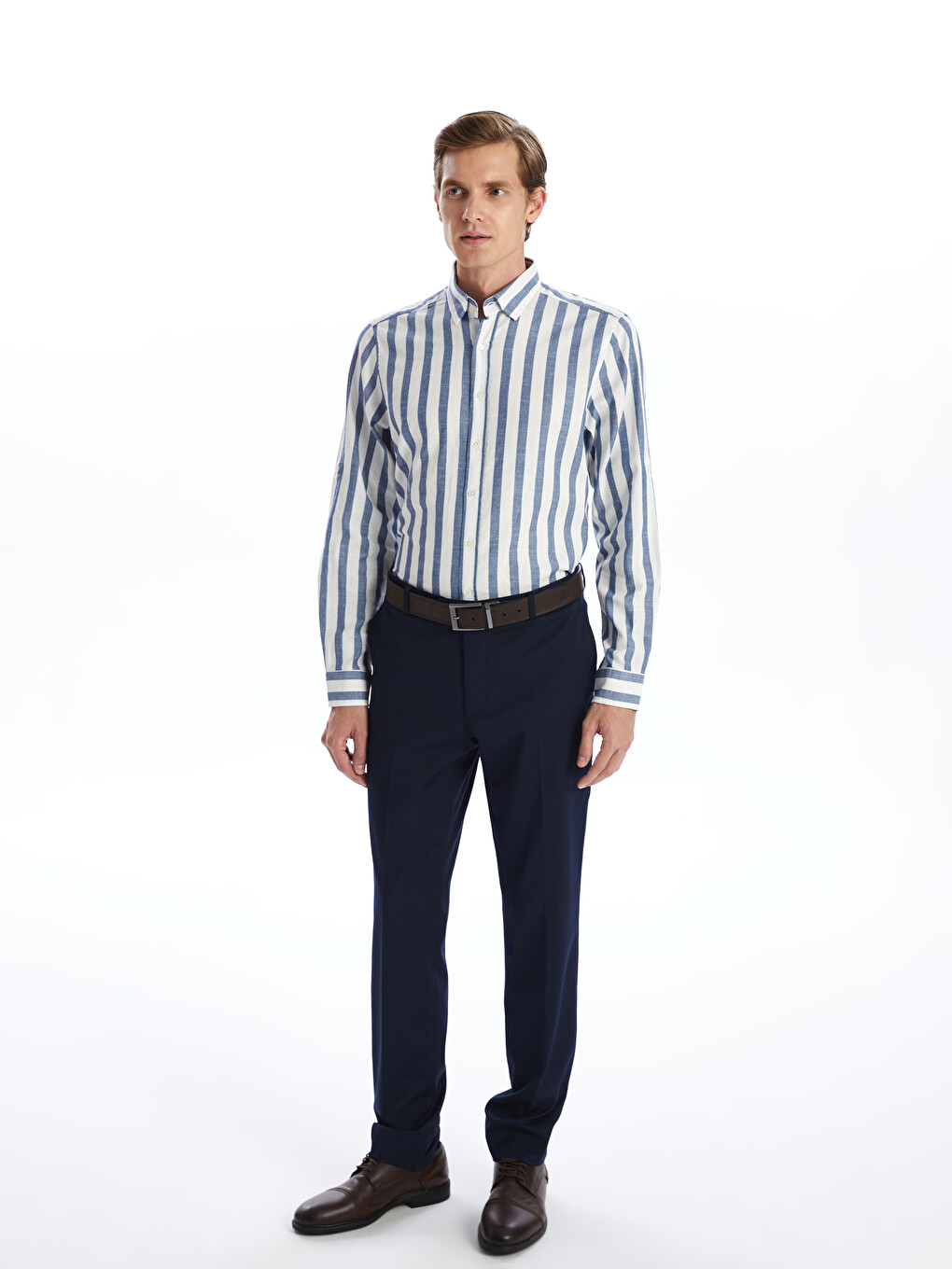 Chemise Rayée À Manches Longues Pour Hommes Coupe Régulière-1