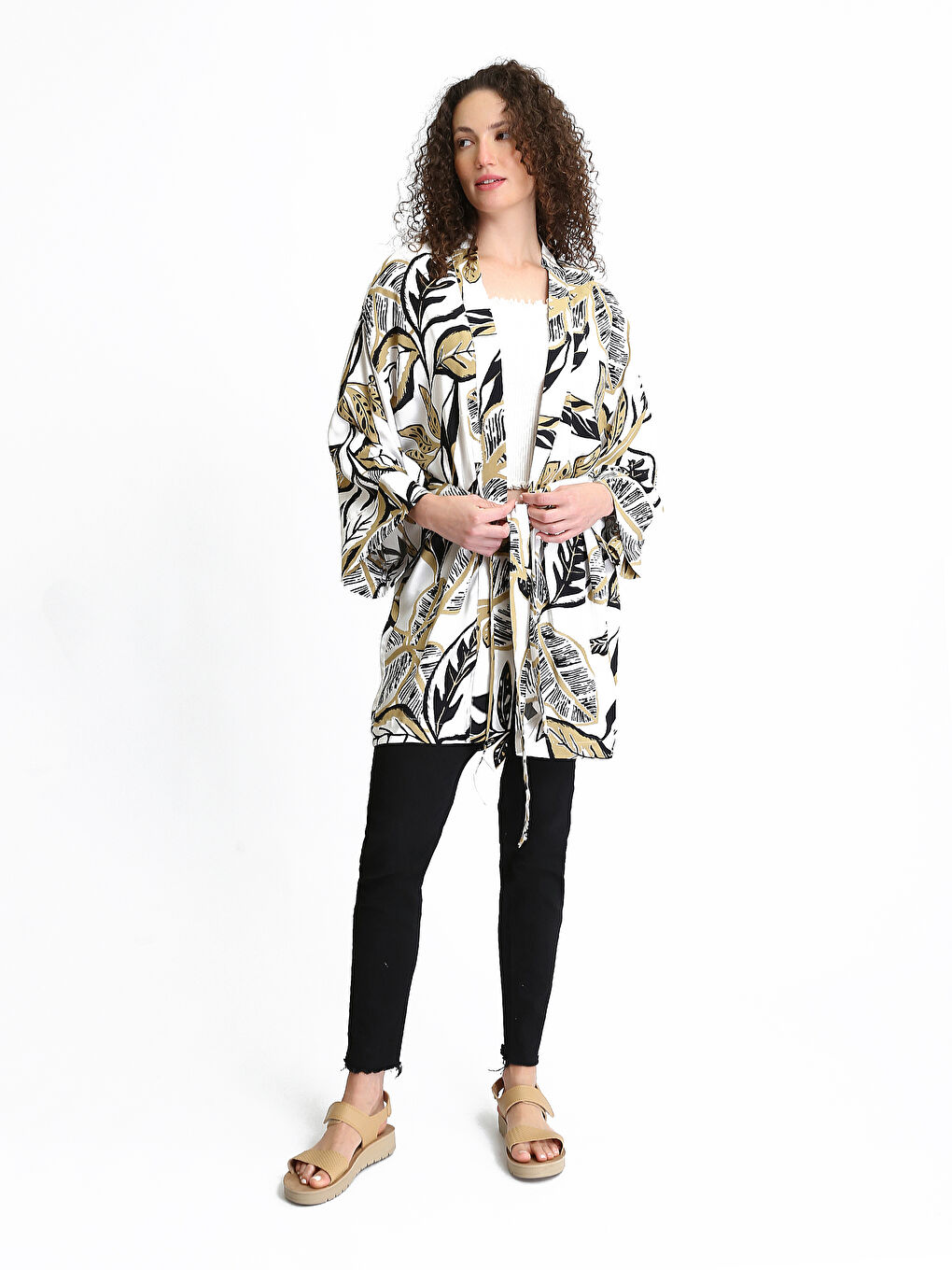 Shawl Collar Patterned Long Sleeve Women's Kimono-1