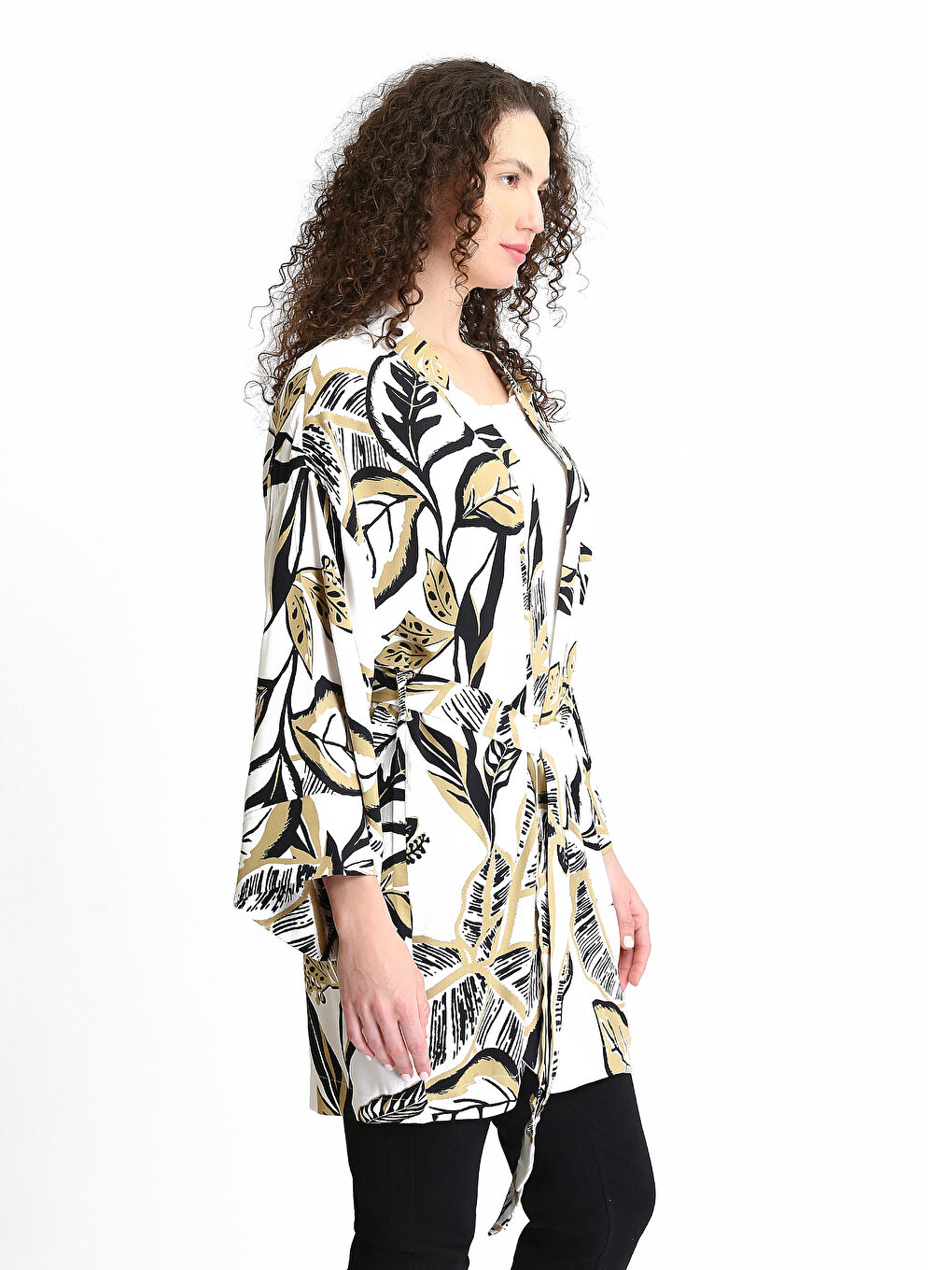Shawl Collar Patterned Long Sleeve Women's Kimono-3