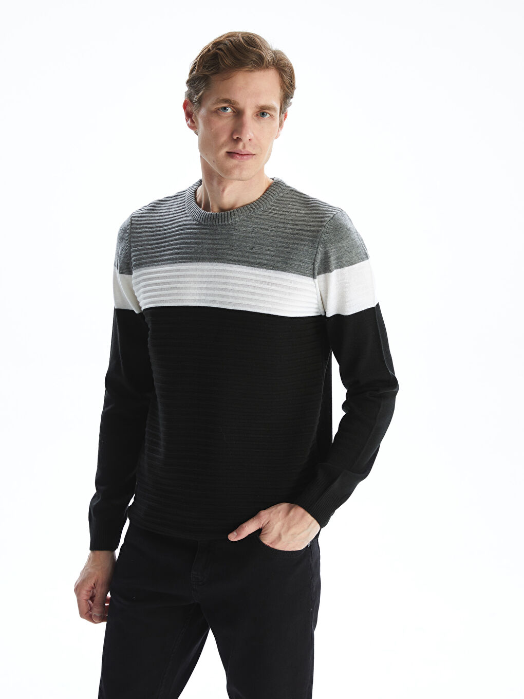 Crew Neck Long Sleeve Color Block Men's Knitwear Sweater