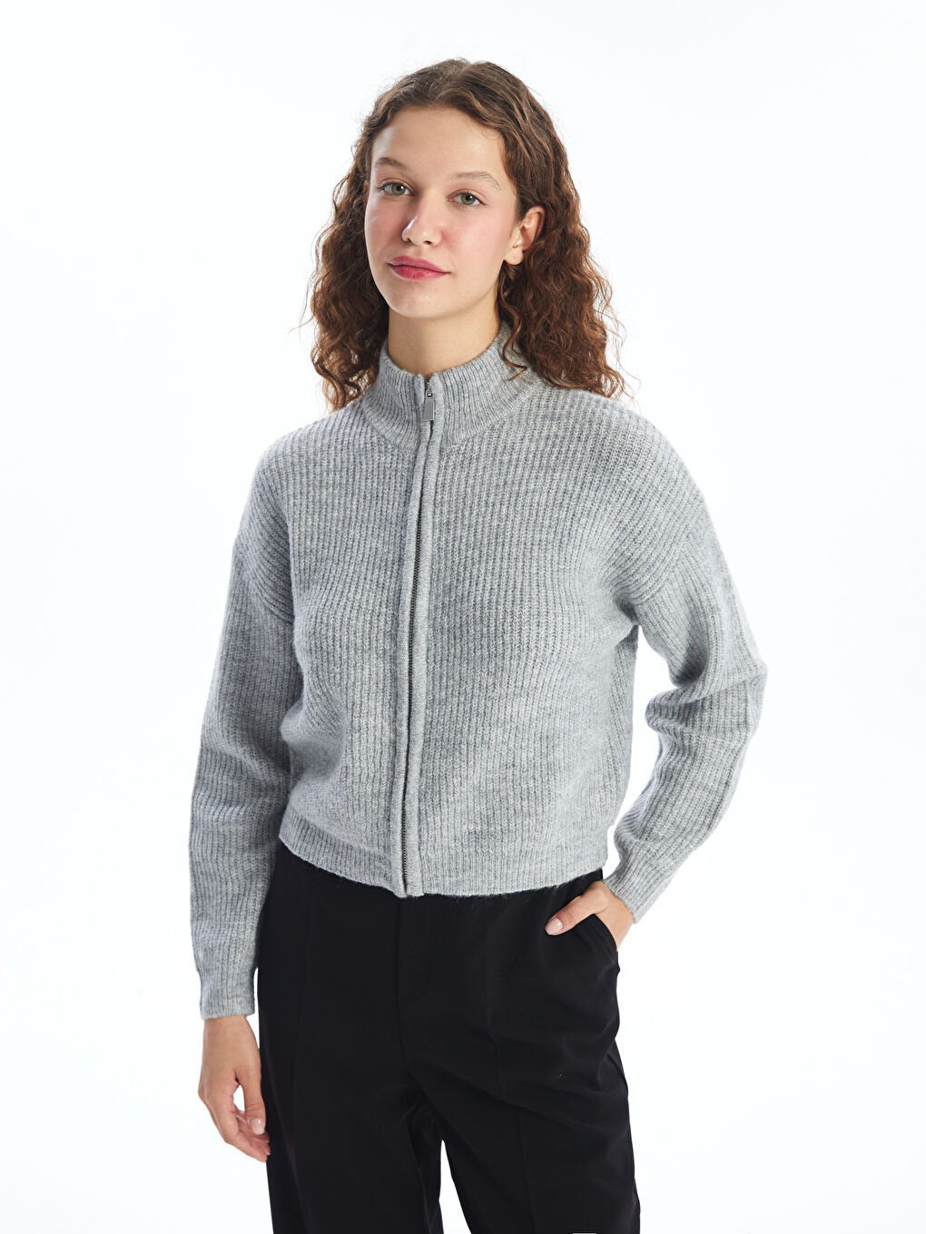 Funnel Neck Plain Long Sleeve Women's Knitwear Cardigan -W4FV38Z8-F7S