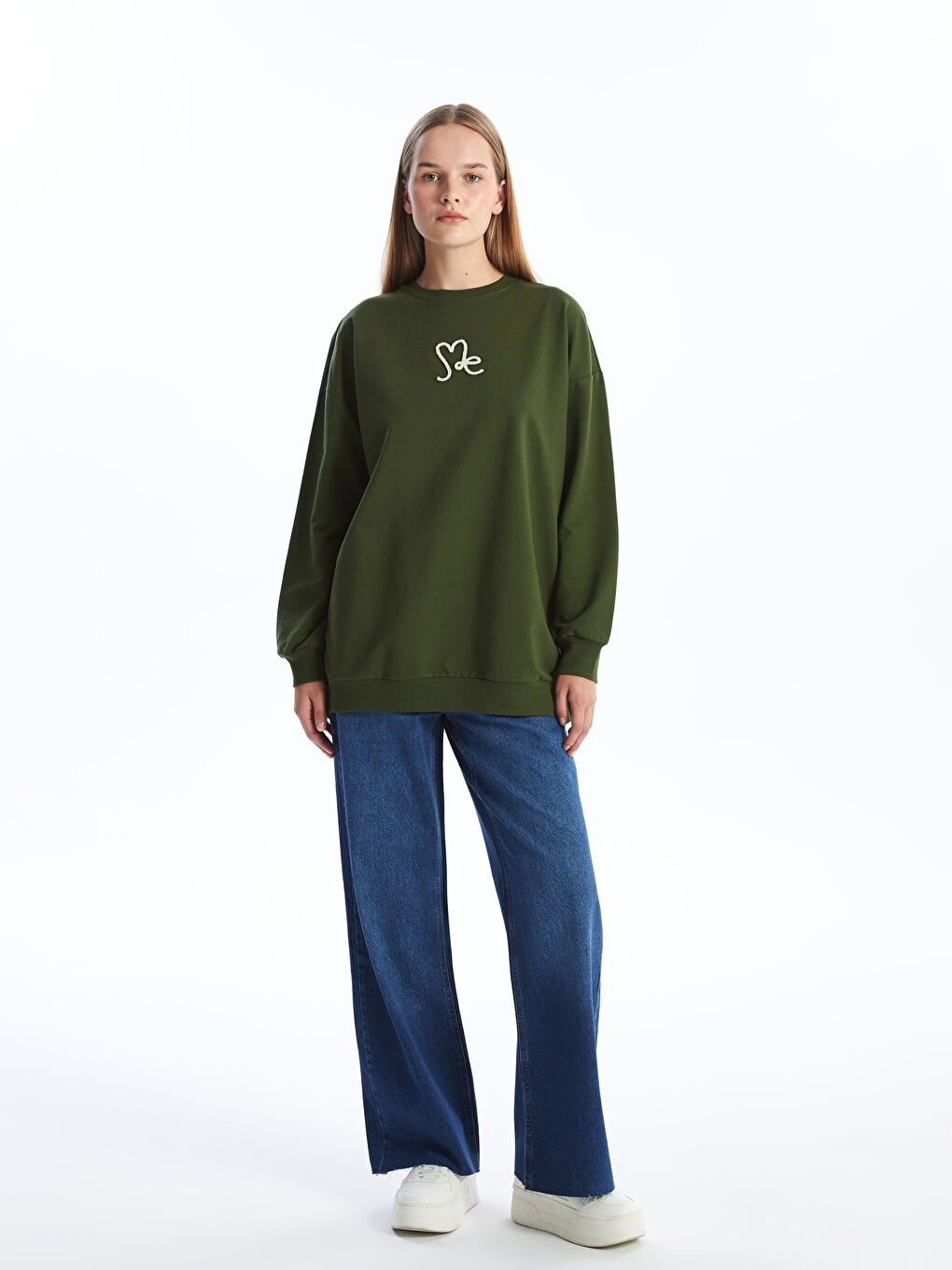 LCW Modest Yeşil Bisiklet Yaka Nakışlı Kadın Sweatshirt Tunik - 1