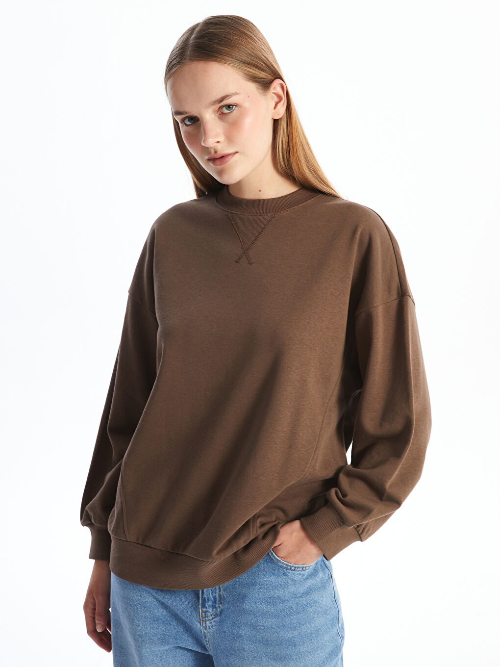 LCW Modest Kahverengi Bisiklet Yaka Oversize Kadın Sweatshirt Tunik