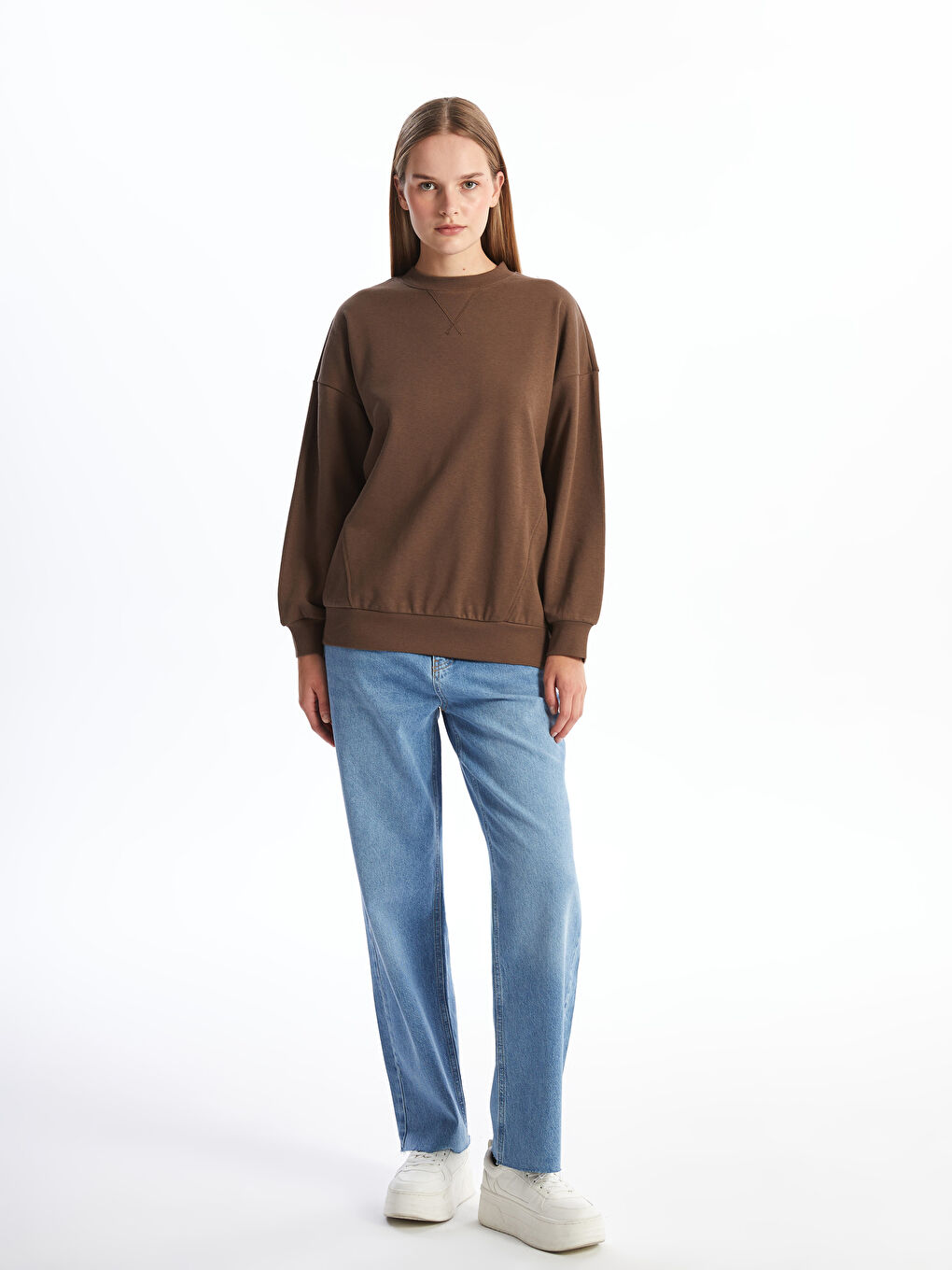 LCW Modest Kahverengi Bisiklet Yaka Oversize Kadın Sweatshirt Tunik - 1