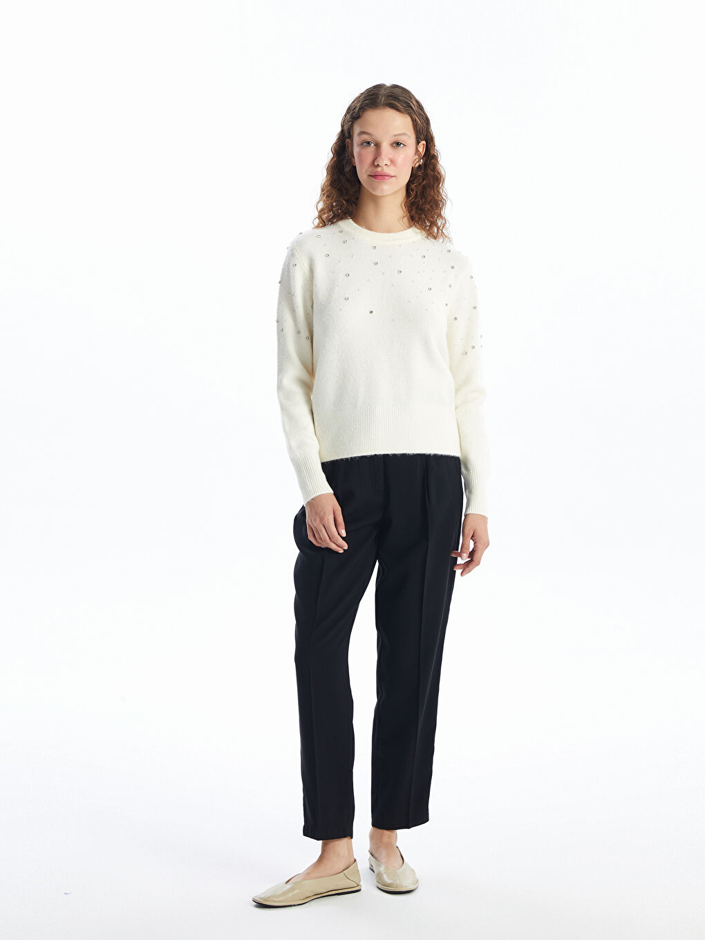LCW Vision Crew Neck Rhinestone Embellished Women's Knit Sweater -W4FY03Z8-R9J