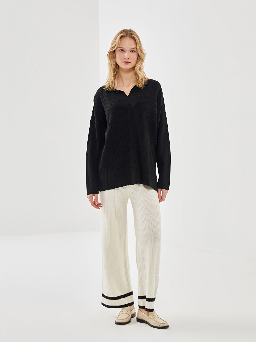 Polo Neck Striped Women's Knitwear Sweater-1