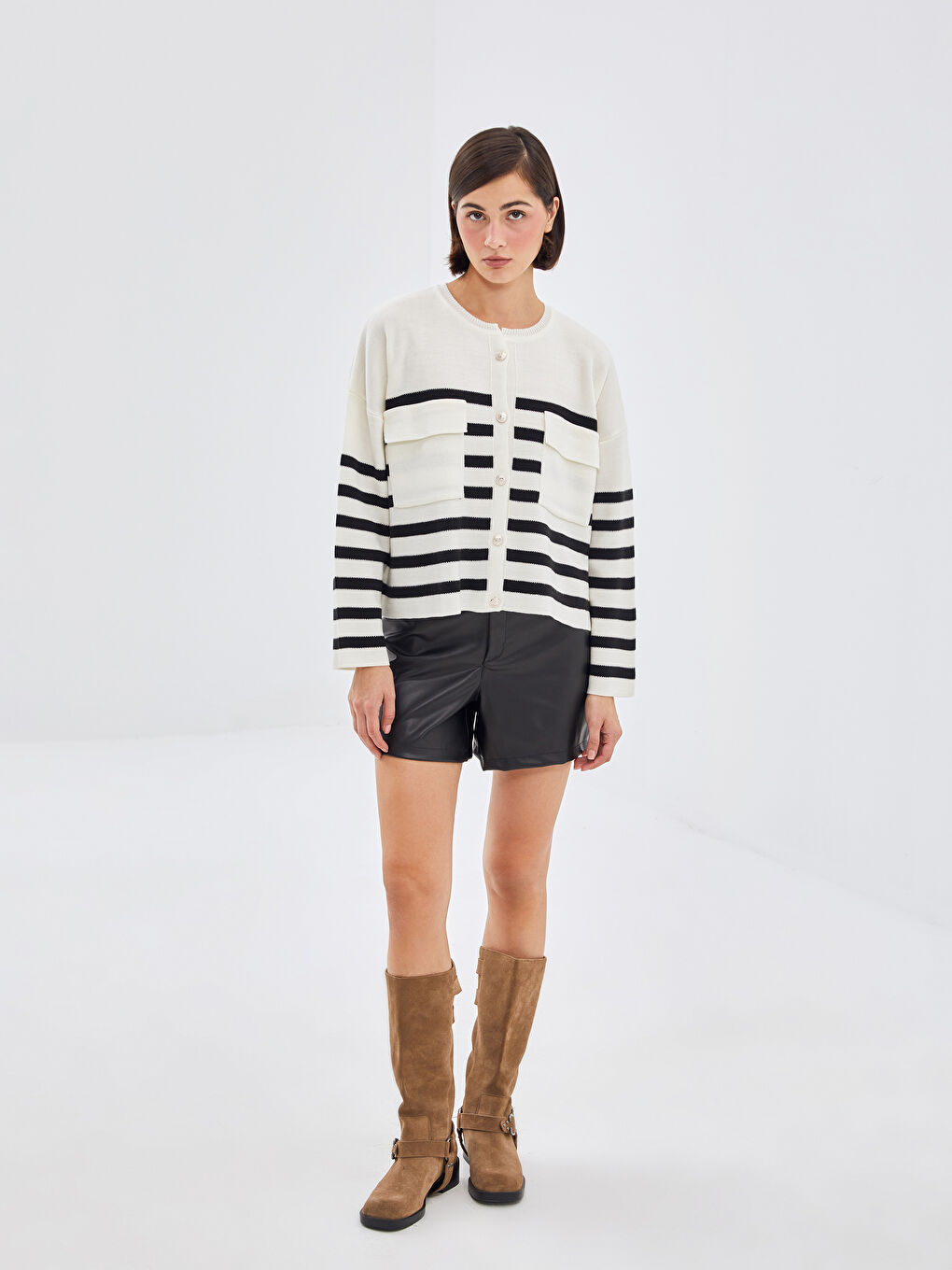 كارديجان تريكو مخطط أوفراسايز بياقة دائرية للسيدات-1