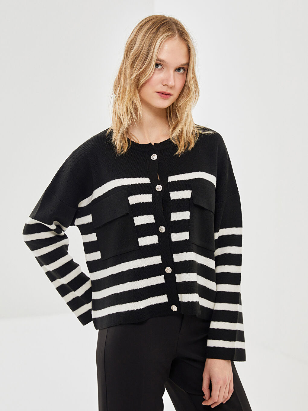 Cardigan en Tricot Rayé Surdimensionné pour Femmes Col Rond