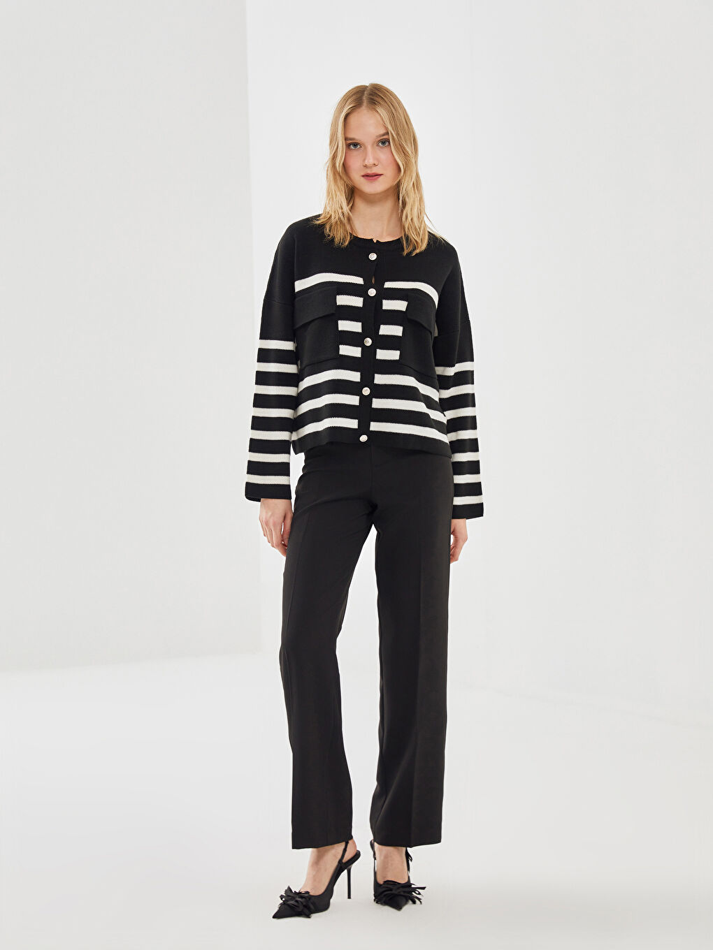 Cardigan en Tricot Rayé Surdimensionné pour Femmes Col Rond-1