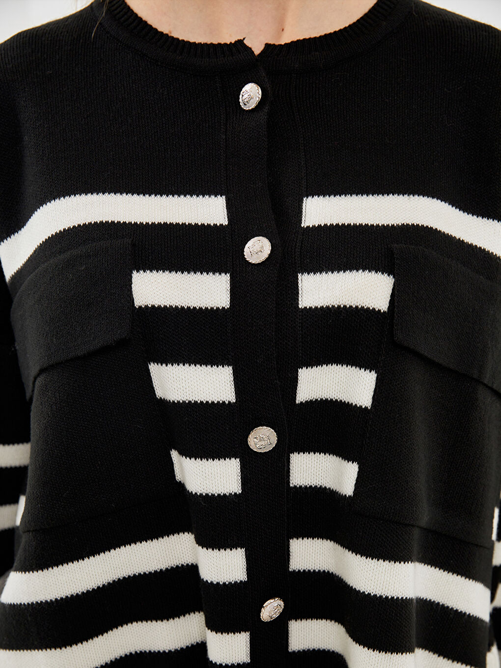 Cardigan en Tricot Rayé Surdimensionné pour Femmes Col Rond-2