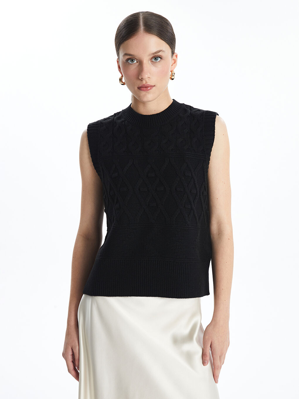 Crew Neck Self Patterned Women's Knitwear Sweater Vest -W4FY32Z8-CVL