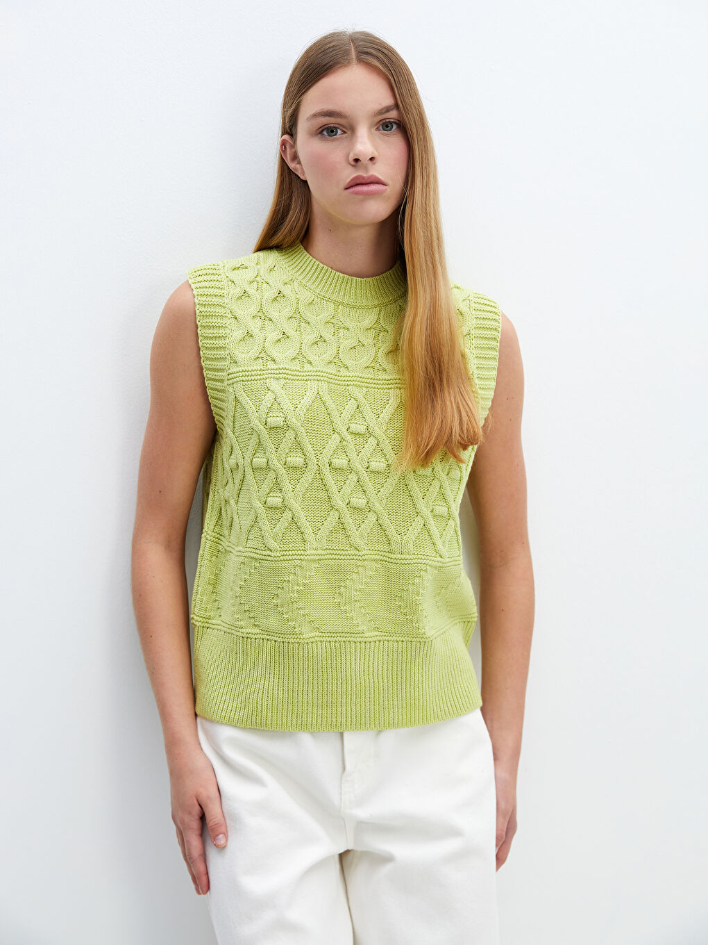 Crew Neck Self Patterned Women's Knitwear Sweater Vest